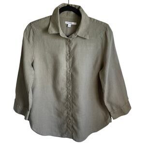 Chico’s 100% Linen Button Up Blouse Sz 0 (US 4) 3/4 Sleeves Olive Minimalist